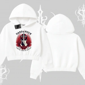 Kapşonlu Crop Sweatshirt Hard Rock Winged Guitar Rebellion