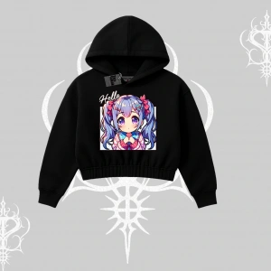 Kapşonlu Crop Sweatshirt Hello Anime Kız Sevimli Karakter Baskılı