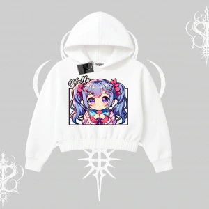 Kapşonlu Crop Sweatshirt Hello Anime Kız Sevimli Karakter Baskılı