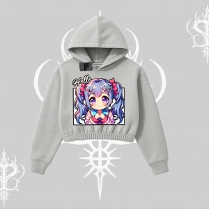 Kapşonlu Crop Sweatshirt Hello Anime Kız Sevimli Karakter Baskılı