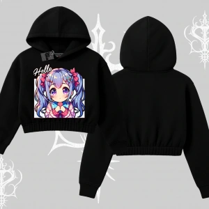 Kapşonlu Crop Sweatshirt Hello Anime Kız Sevimli Karakter Baskılı