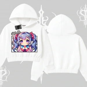 Kapşonlu Crop Sweatshirt Hello Anime Kız Sevimli Karakter Baskılı
