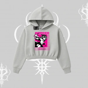 Kapşonlu Crop Sweatshirt Heroic Anime Girl Japon Stil Grafik Baskılı