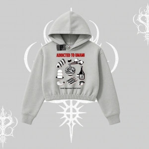 Kapşonlu Crop Sweatshirt Japon Mutfağı Umami Temalı Baskılı
