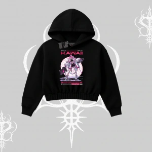 Kapşonlu Crop Sweatshirt Kawaii Cyberpunk Kız Japon Stil Baskı