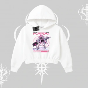 Kapşonlu Crop Sweatshirt Kawaii Cyberpunk Kız Japon Stil Baskı