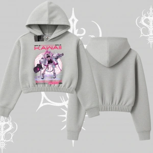 Kapşonlu Crop Sweatshirt Kawaii Cyberpunk Kız Japon Stil Baskı