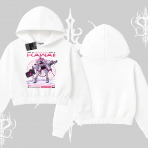 Kapşonlu Crop Sweatshirt Kawaii Cyberpunk Kız Japon Stil Baskı