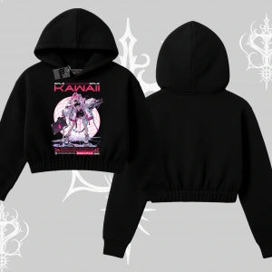 Kapşonlu Crop Sweatshirt Kawaii Cyberpunk Kız Japon Stil Baskı