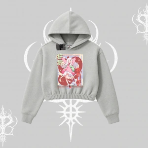 Kapşonlu Crop Sweatshirt Madness Unleashed Anime Girl Baskılı