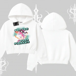 Kapşonlu Crop Sweatshirt Oversize  Anime Kız Desenli Japon Stil
