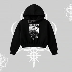 Kapşonlu Crop Sweatshirt Punk Rock Chaos Skeleton Riot