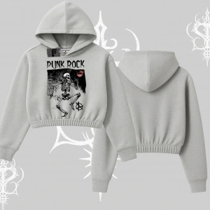 Kapşonlu Crop Sweatshirt Punk Rock Chaos Skeleton Riot