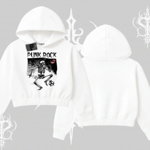 Kapşonlu Crop Sweatshirt Punk Rock Chaos Skeleton Riot