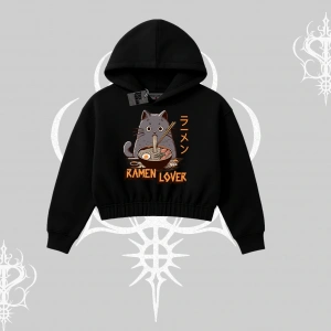 Kapşonlu Crop Sweatshirt Ramen Lover Kedi Anime Baskılı