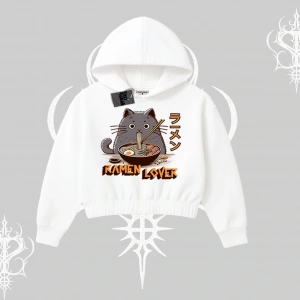 Kapşonlu Crop Sweatshirt Ramen Lover Kedi Anime Baskılı