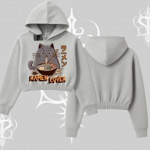 Kapşonlu Crop Sweatshirt Ramen Lover Kedi Anime Baskılı