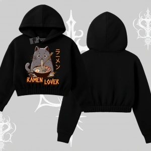 Kapşonlu Crop Sweatshirt Ramen Lover Kedi Anime Baskılı