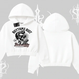 Kapşonlu Crop Sweatshirt Rhythms Riot Vintage Rockabilly Skull Street Aesthetic
