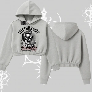 Kapşonlu Crop Sweatshirt Rhythms Riot Vintage Rockabilly Skull Street Aesthetic