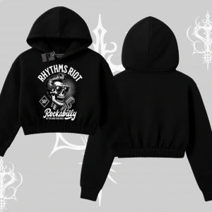 Kapşonlu Crop Sweatshirt Rhythms Riot Vintage Rockabilly Skull Street Aesthetic
