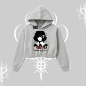 Kapşonlu Crop Sweatshirt Tsundere Anime Japanese Style Baskılı