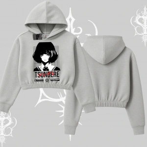 Kapşonlu Crop Sweatshirt Tsundere Anime Japanese Style Baskılı