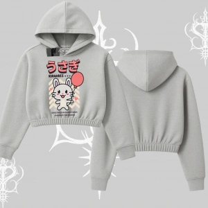 Kapşonlu Crop Sweatshirt Usagi Kawaii Cute Heart Energy