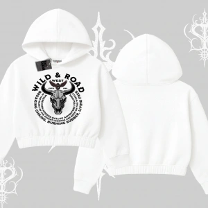 Kapşonlu Crop Sweatshirt Wild & Road Western Skull Biker Street Culture