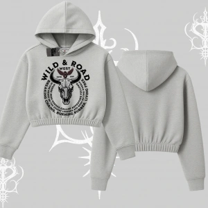 Kapşonlu Crop Sweatshirt Wild & Road Western Skull Biker Street Culture