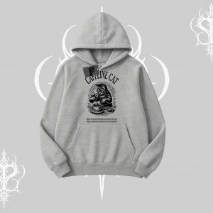 Kapşonlu Sweatshirt Caffeine Cat Kahve Temalı Kedi Baskılı