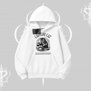 Kapşonlu Sweatshirt Caffeine Cat Kahve Temalı Kedi Baskılı