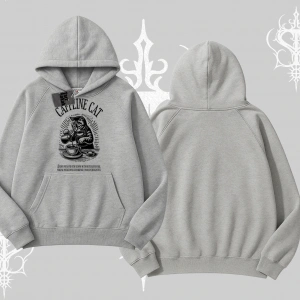 Kapşonlu Sweatshirt Caffeine Cat Kahve Temalı Kedi Baskılı