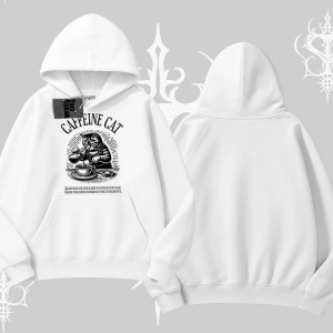 Kapşonlu Sweatshirt Caffeine Cat Kahve Temalı Kedi Baskılı