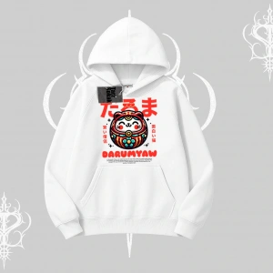 Kapşonlu Sweatshirt Daruma Kedi Anime Baskılı