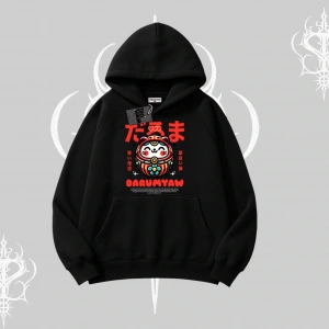 Kapşonlu Sweatshirt Daruma Kedi Anime Baskılı