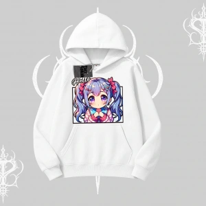 Kapşonlu Sweatshirt Hello Anime Kız Sevimli Karakter Baskılı