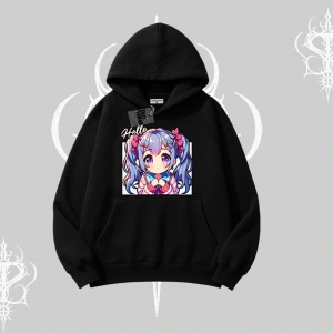 Kapşonlu Sweatshirt Hello Anime Kız Sevimli Karakter Baskılı