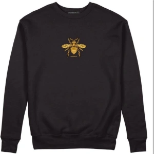 Kapşonsuz Arı Baskılı Pamuklu Siyah Sweatshirt