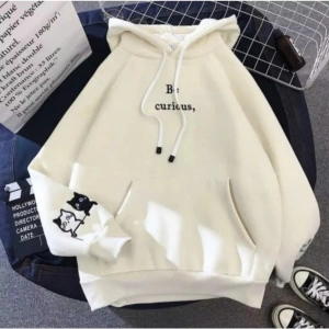 Kapüşonlu Be Curıous Kedicik Kol Baskılı 3 Iplik Tam Kışlık Oversize Kadın Sweatshı Beyaz