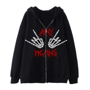 Karanlık Gotik El Kemik Baskılı Fermuarlı Hoodie 14536