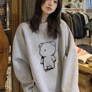 Karikatür Ayı Desenli Damla Sweat Beyaz