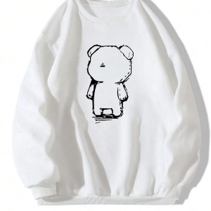 Karikatür Ayı Desenli Damla Sweat Beyaz