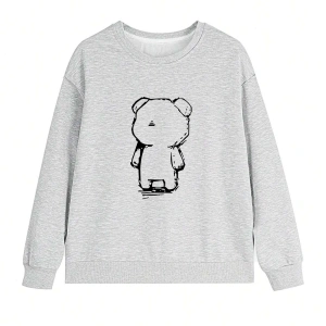 Karikatür Ayı Desenli Damla Sweat Beyaz