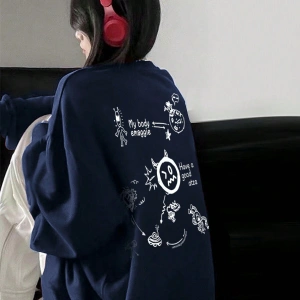 Karikatür & Harf Grafik Düşük Omuz Oversize Sweat Lacivert