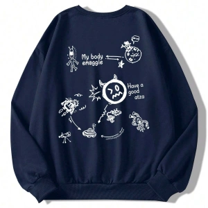 Karikatür & Harf Grafik Düşük Omuz Oversize Sweat Lacivert