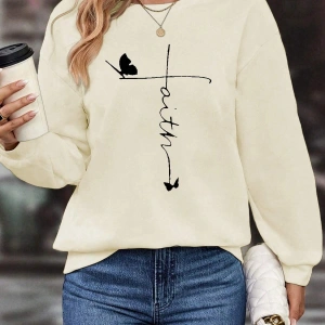 Karikatür & Harf Grafikli Damla Omuzlu Kazak Bej