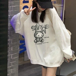 Karikatür & Slogan Grafikli Düşük Omuz Oversize Sweat Beyaz