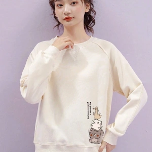 Karikatür & Slogan Grafikli Reglan Kol Sweat Bej