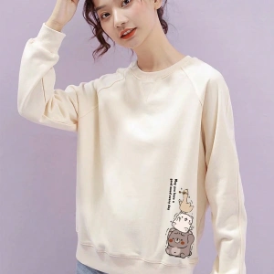 Karikatür & Slogan Grafikli Reglan Kol Sweat Bej